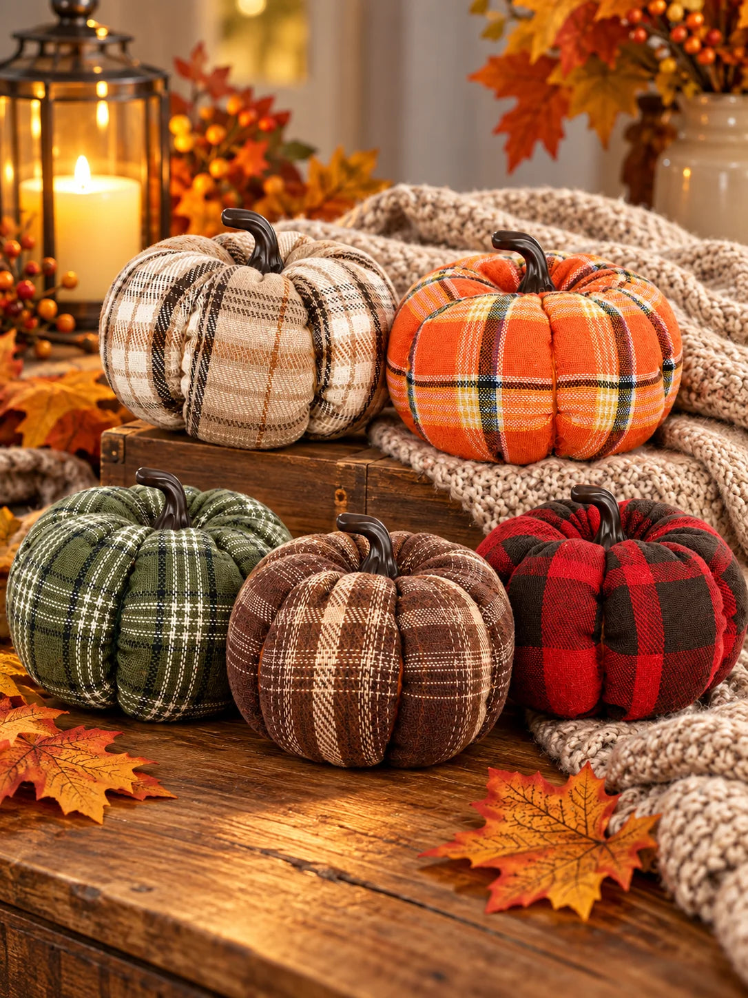Plaid Fabric Mini Pumpkin Decor – Rustic Fall & Halloween Ornament