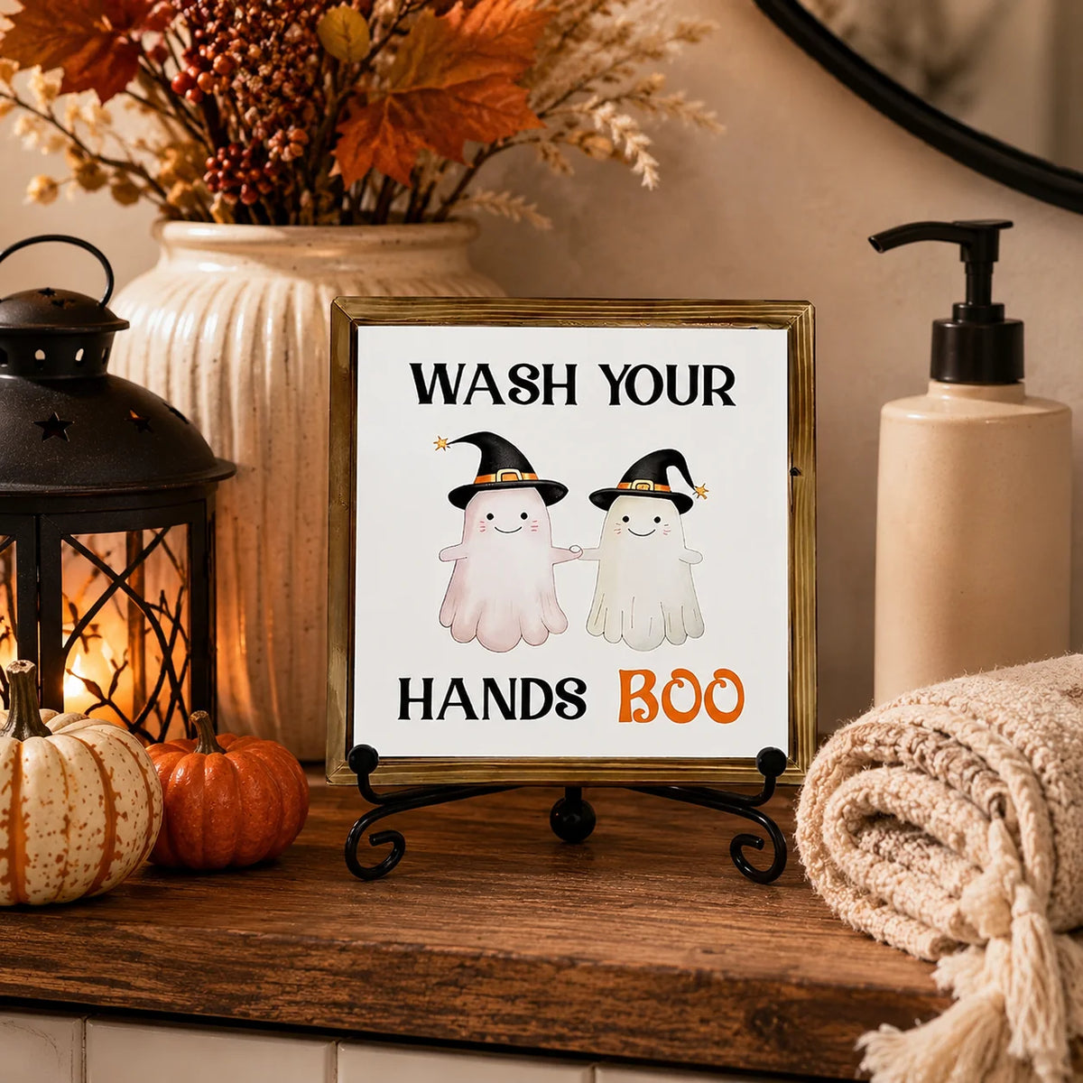 Halloween Ghost Wash Your Hands Boo Wooden Tabletop Sign