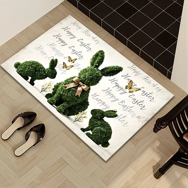 3D Topiary Bunny Easter Door Mat – Non-Slip Rug with Butterflies