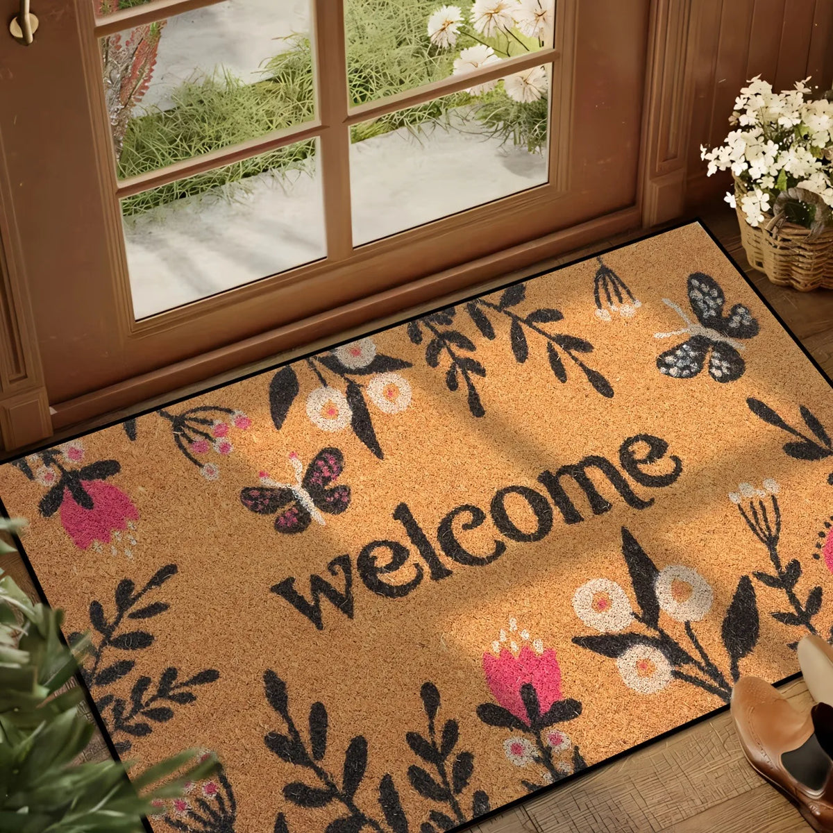 Vintage Floral Butterfly Welcome Doormat – Non-Slip Rug