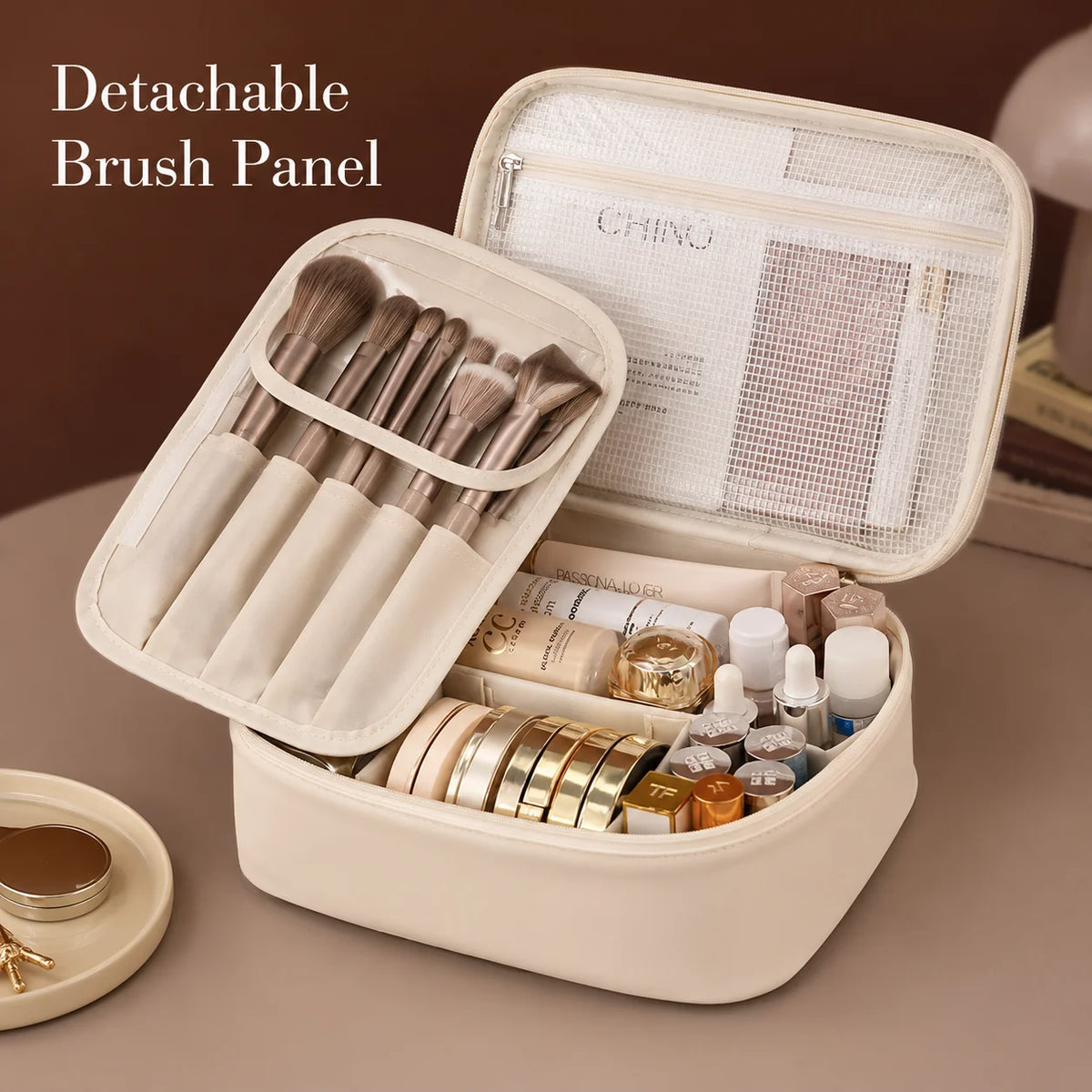 Large Capacity Travel Makeup Bag with Detachable Brush Panel