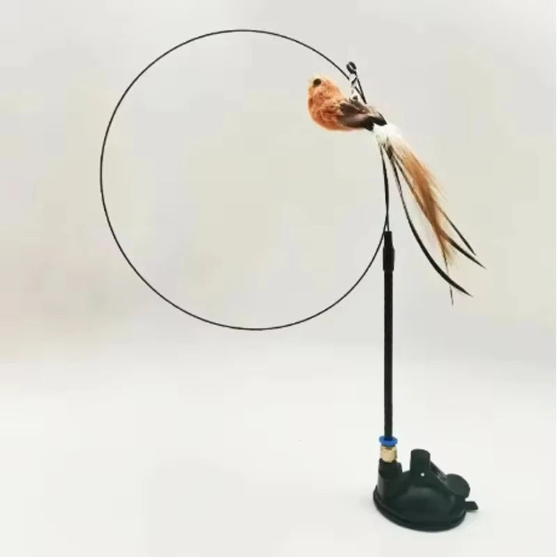 Feather Suction Cup Cat Toy Teaser Stick with Bell & Bird Head