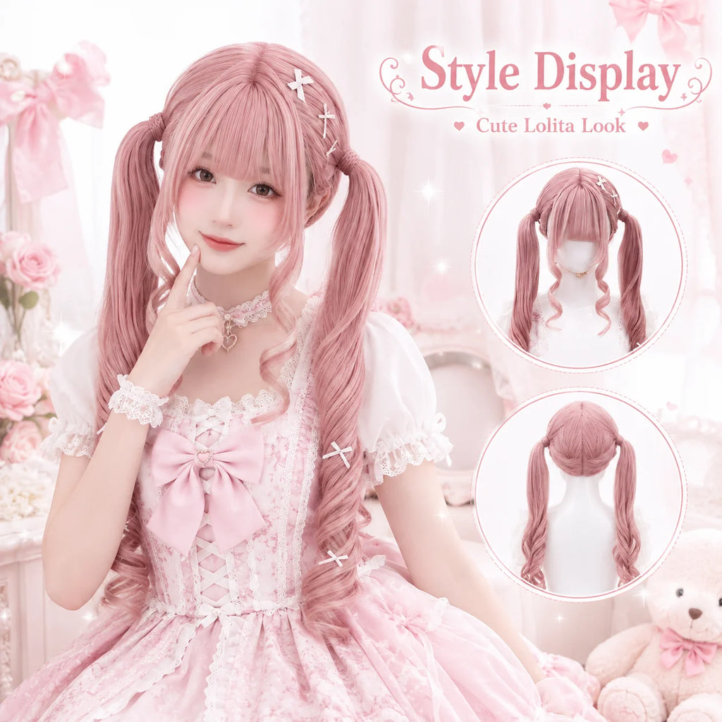Light Pink Double Ponytail Curly Wig – Sweet Lolita Cosplay
