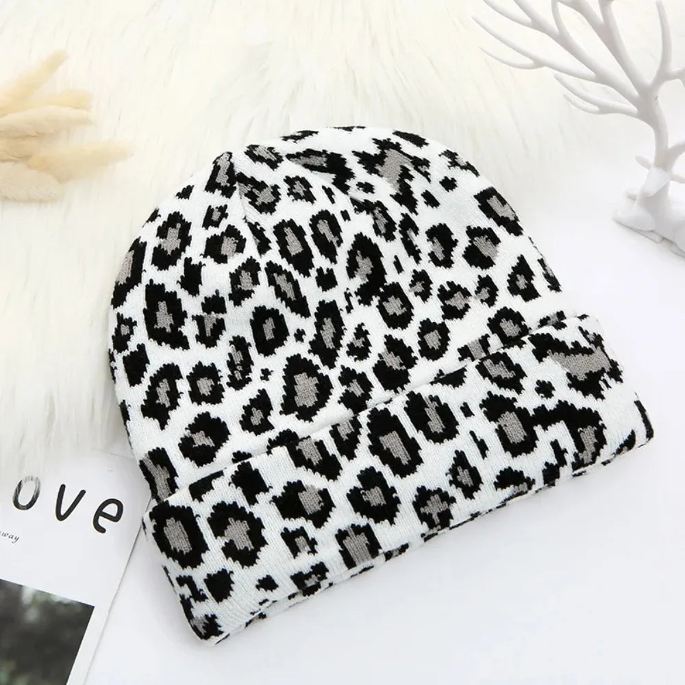 Leopard Print Jacquard Knit Beanie | Unisex Winter Skullcap