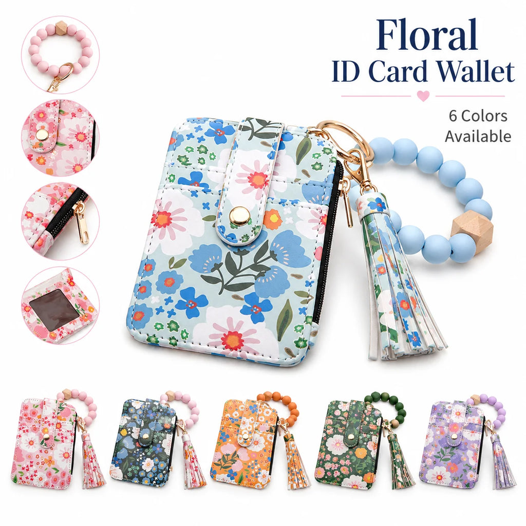 Floral PU Leather ID Card Wallet & Beaded Wristlet for Women