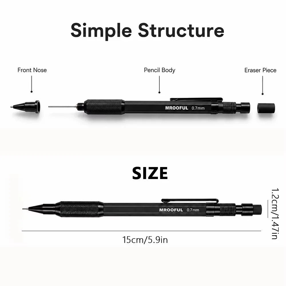 Metal Mechanical Pencil 0.5–1.3mm | Low Gravity, Built-in Eraser