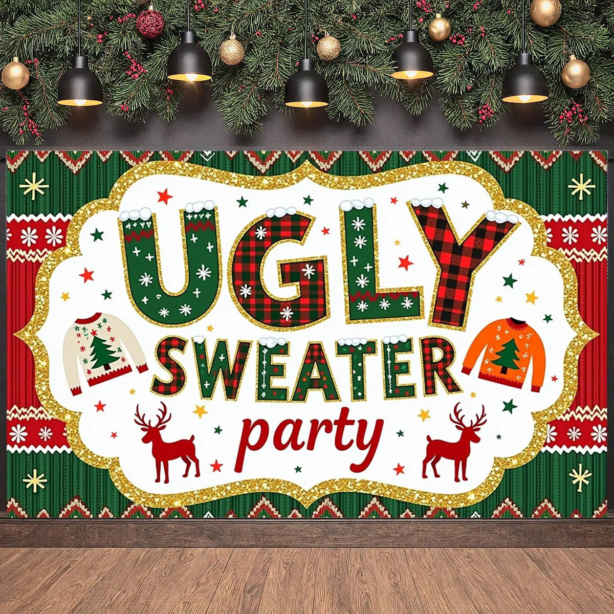 Ugly Sweater Reindeer Holiday Banner – Festive Party Decor