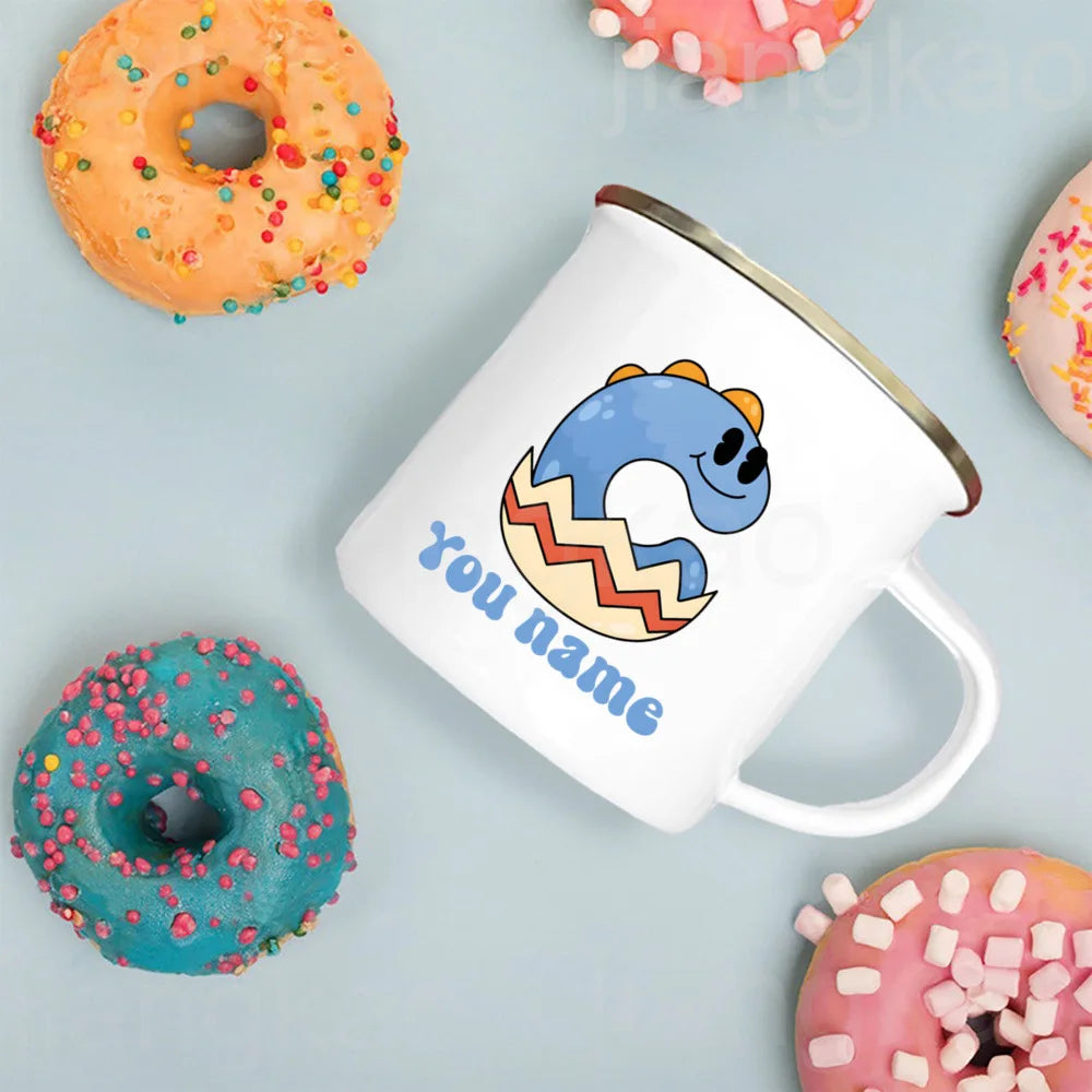 Personalized Kids Dinosaur Enamel Mug – Custom Name & Initial
