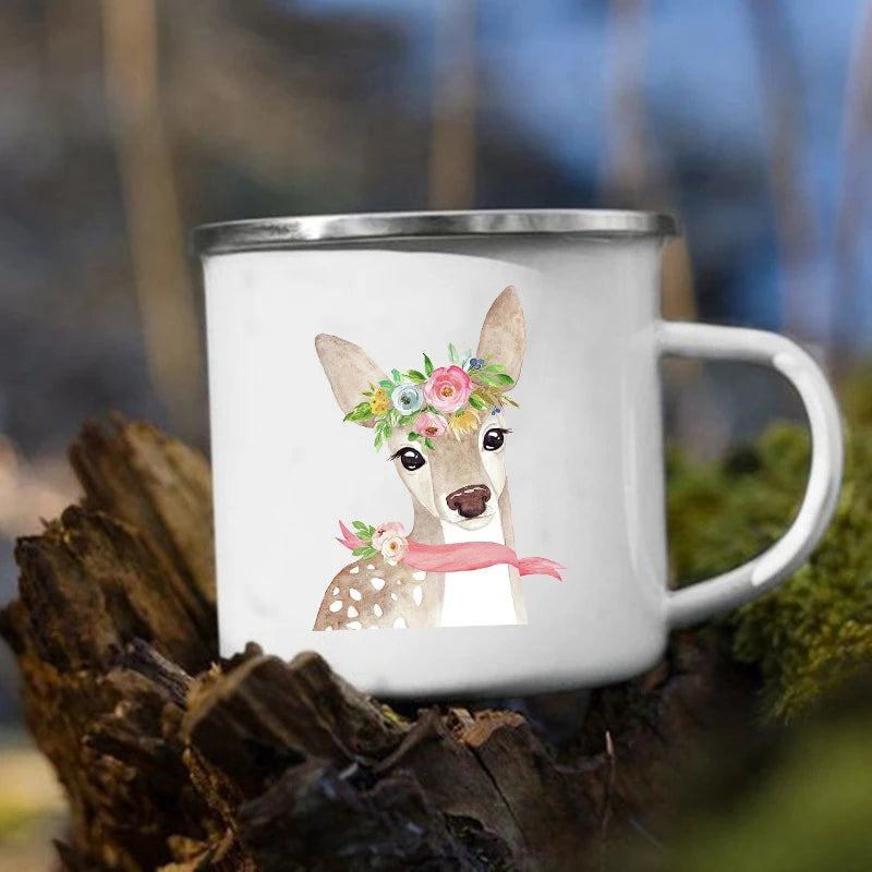 Kawaii Animal Enamel Mug – Kids Horse & Deer Print Cup