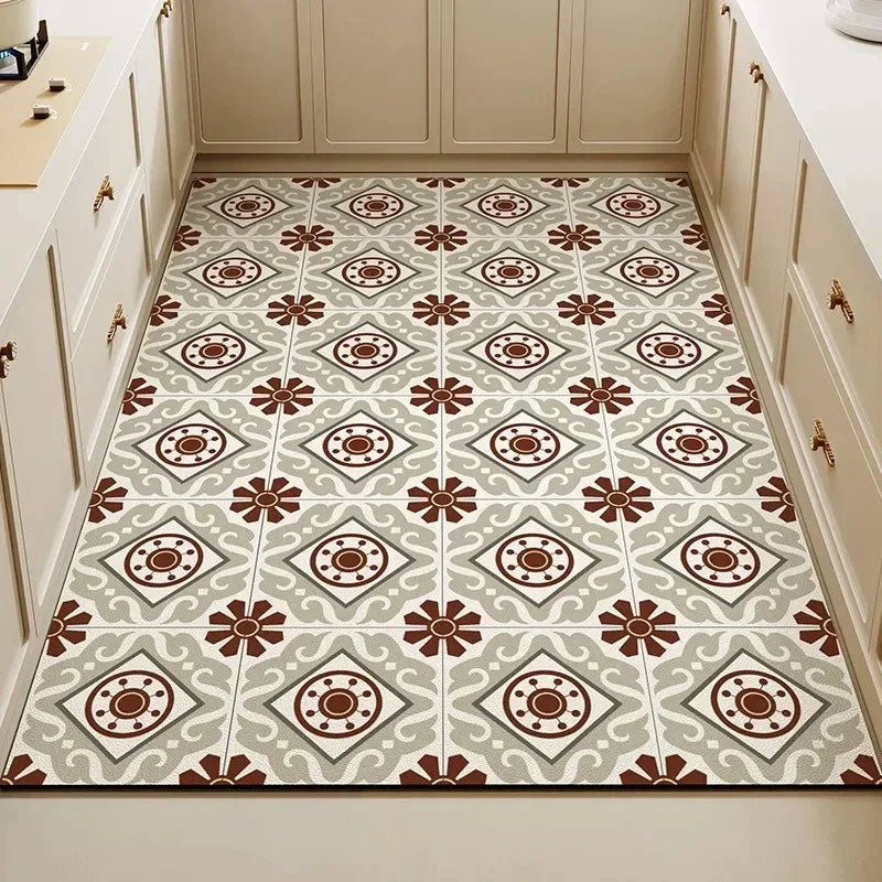 Vintage Floral Tile Non-Slip Washable Floor Mat Rug