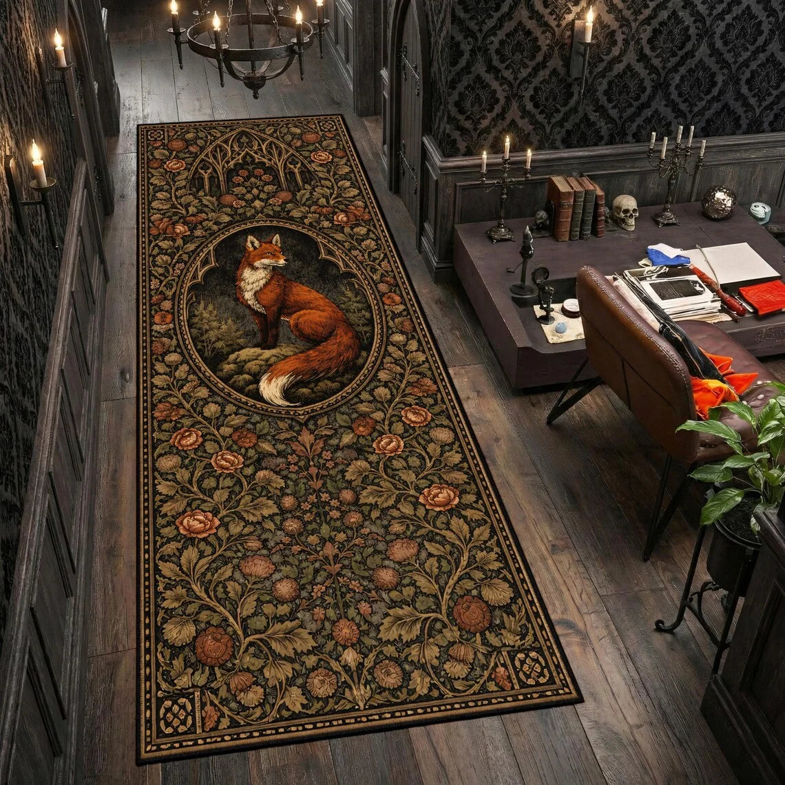 Boho Fox Forest Runner Rug – Non-Slip Moon Phase Fern Print