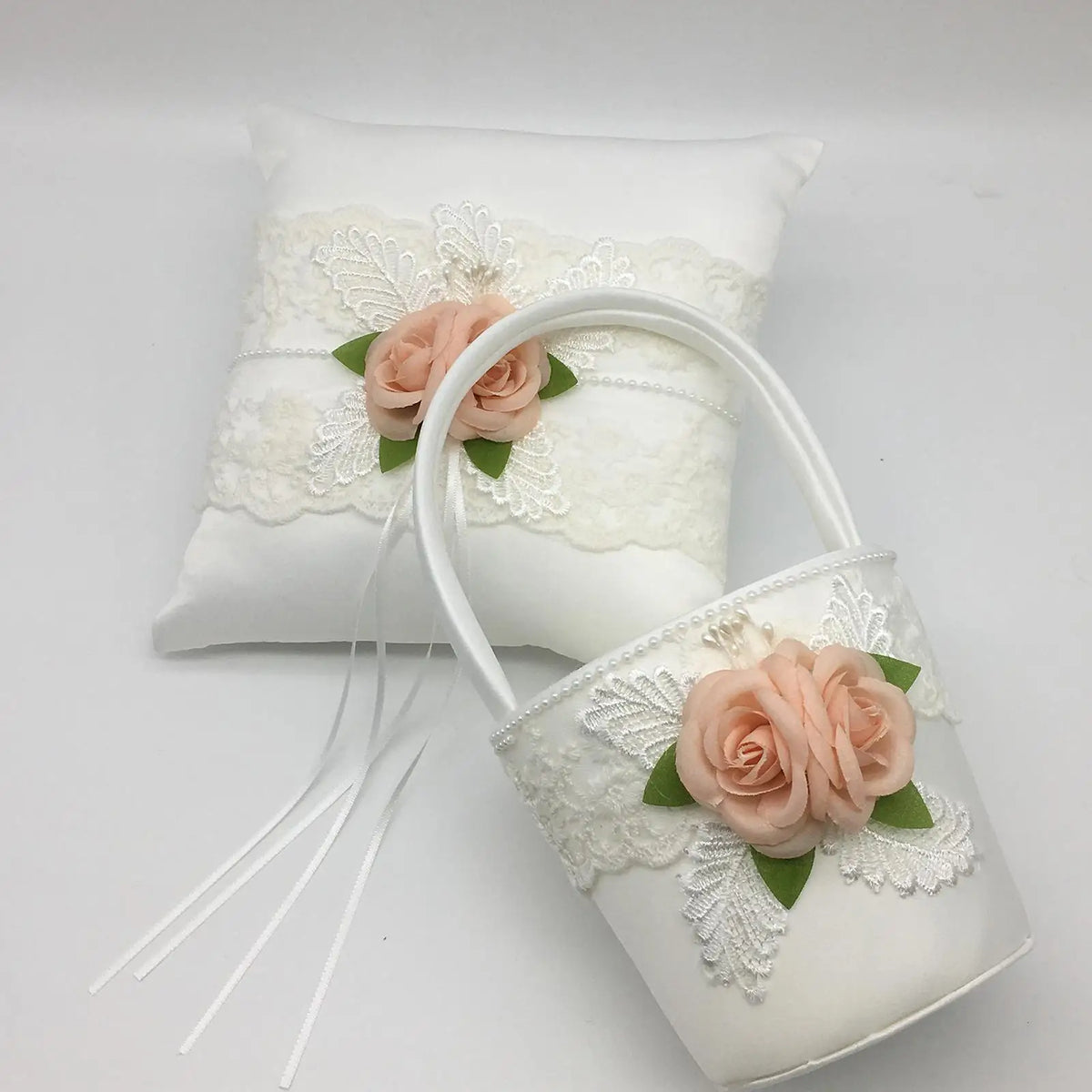 Rose Ring Bearer Pillow & Flower Girl Basket Wedding Set