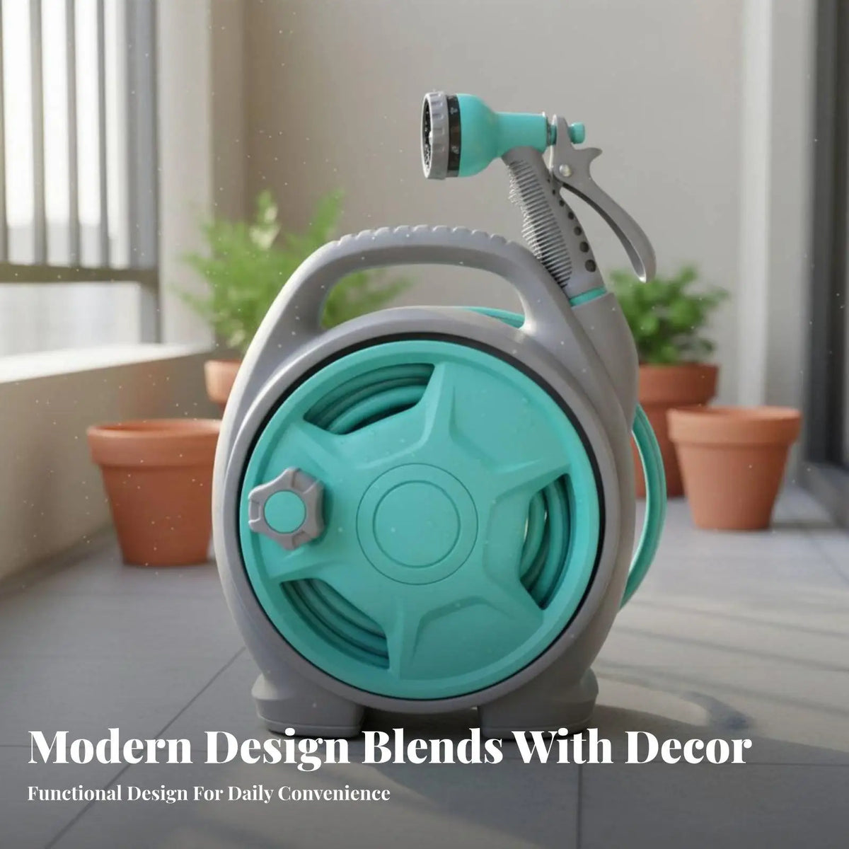 Portable 15M Garden Hose Reel Set with 6-Pattern Nozzle