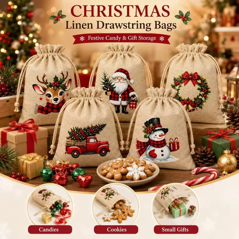 Christmas Burlap Drawstring Gift Bags – 5/12 Pack, 5 Designs
