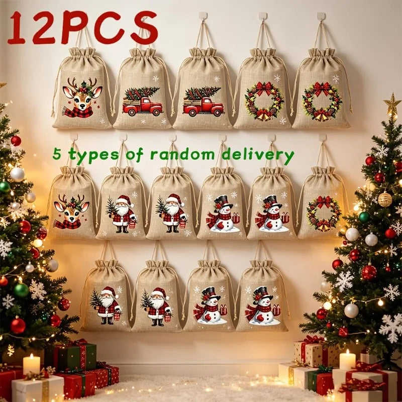 Christmas Burlap Drawstring Gift Bags – 5/12 Pack, 5 Designs