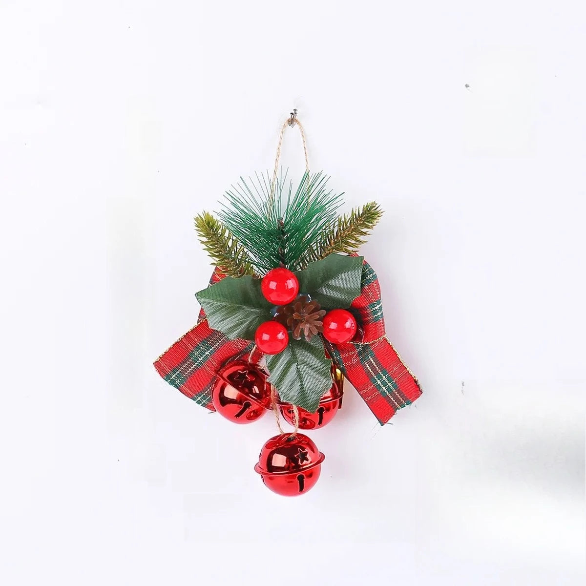 Sleigh Bell Red Berries Checkered Bow Christmas Tree Ornament