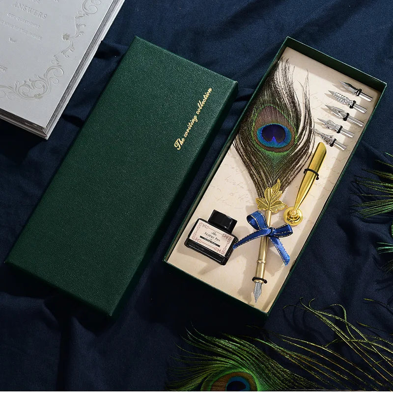 Peacock Feather Quill Dip Pen Set – Vintage Calligraphy Gift