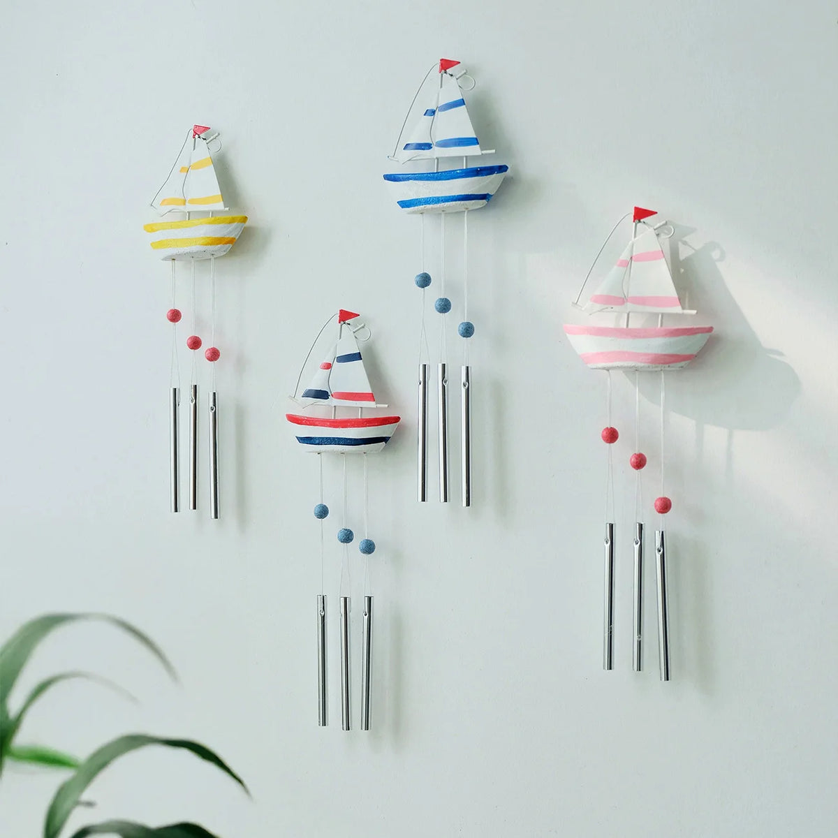 Mediterranean Sailboat Wind Chime – Metal & Wood Hanging Decor