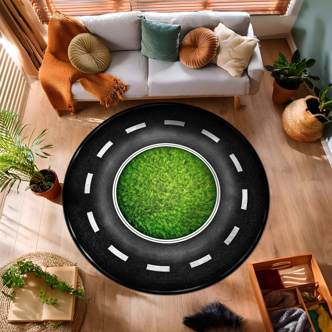 Round Racing Theme Play Rug – Kids Interactive Floor Mat