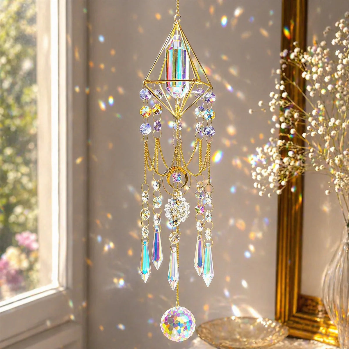 Crystal Prism Suncatcher – Gold Geometric Rainbow Window Decor