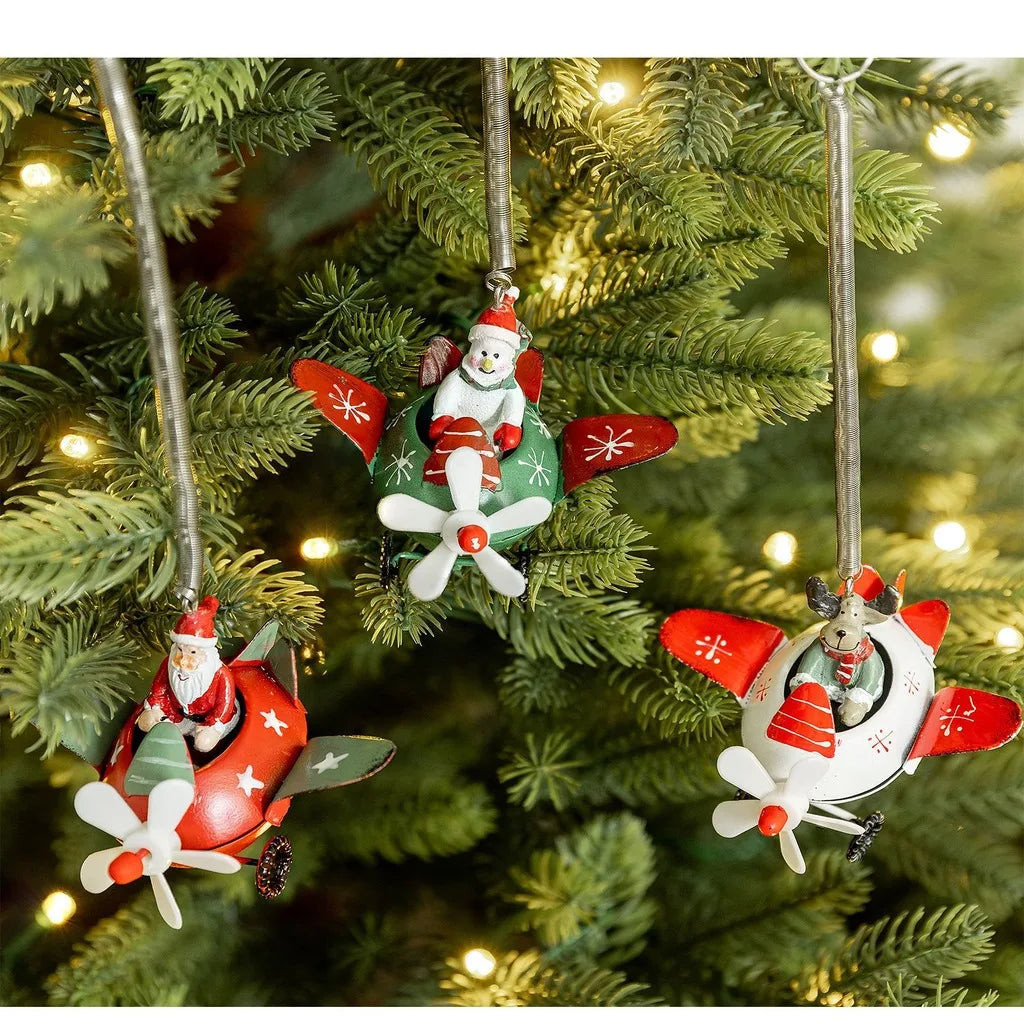 Metal Airplane Christmas Ornament – Santa, Snowman & Reindeer