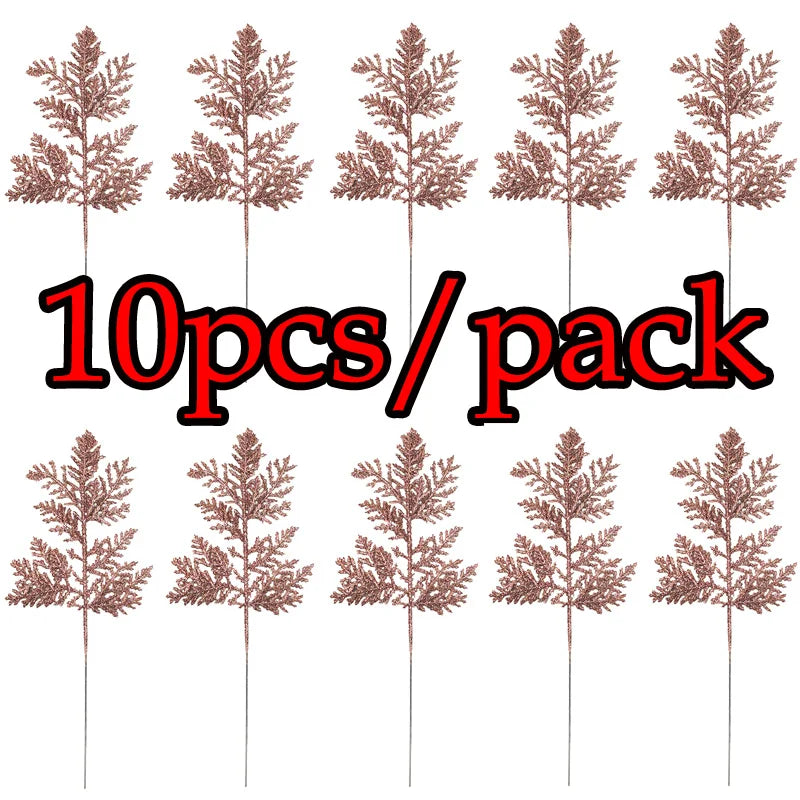 Gold Glitter Artificial Pine Branches Christmas Decor 10pcs