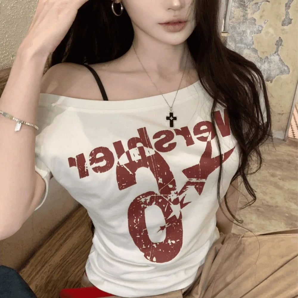 Y2K Off Shoulder Crop Top – Short Sleeve Letter Print Tee