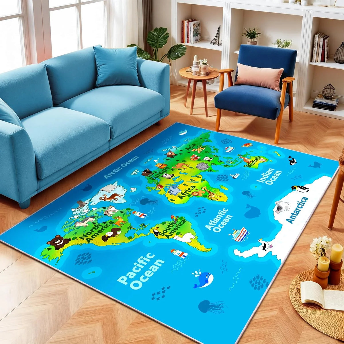 Kids World Map Play Rug – Cartoon Animals & Ocean Life Mat