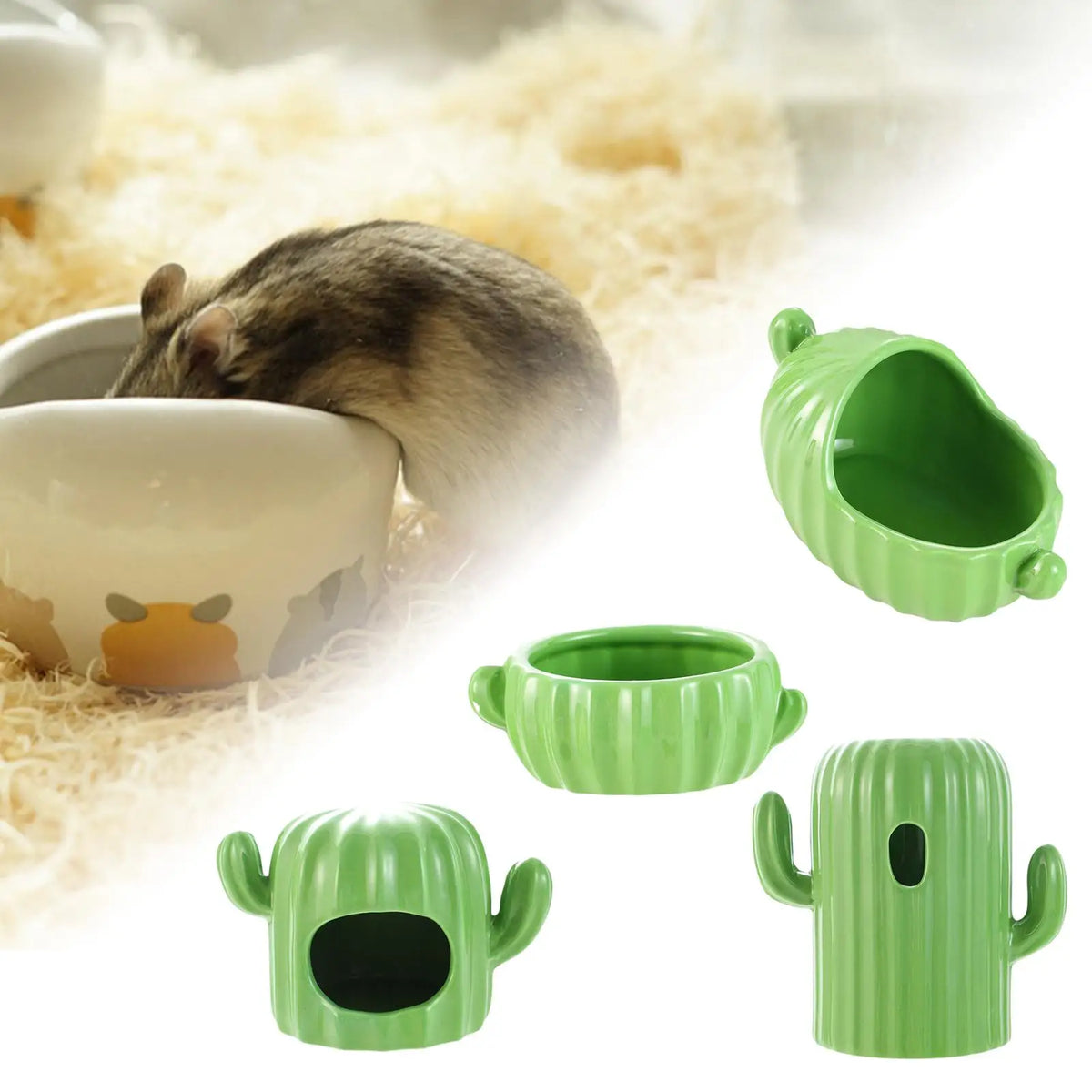 4-Piece Ceramic Hamster Hideout Set – House, Bowl, Bath & Water